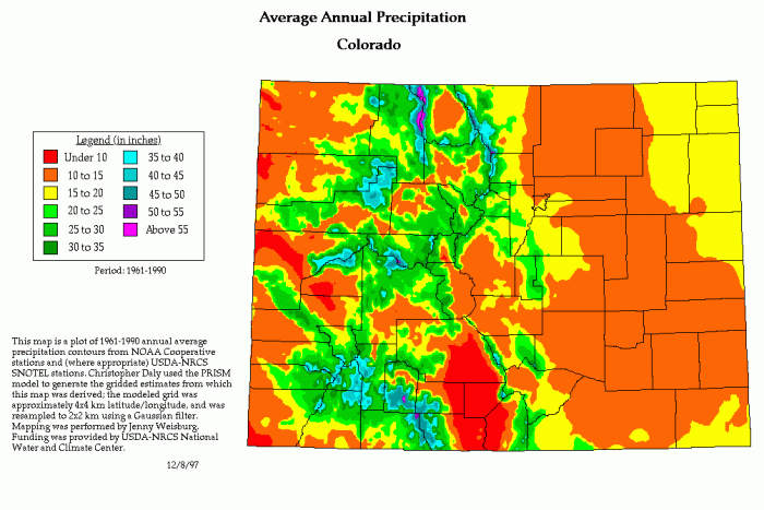 Map of Colorado's average annual precipitation